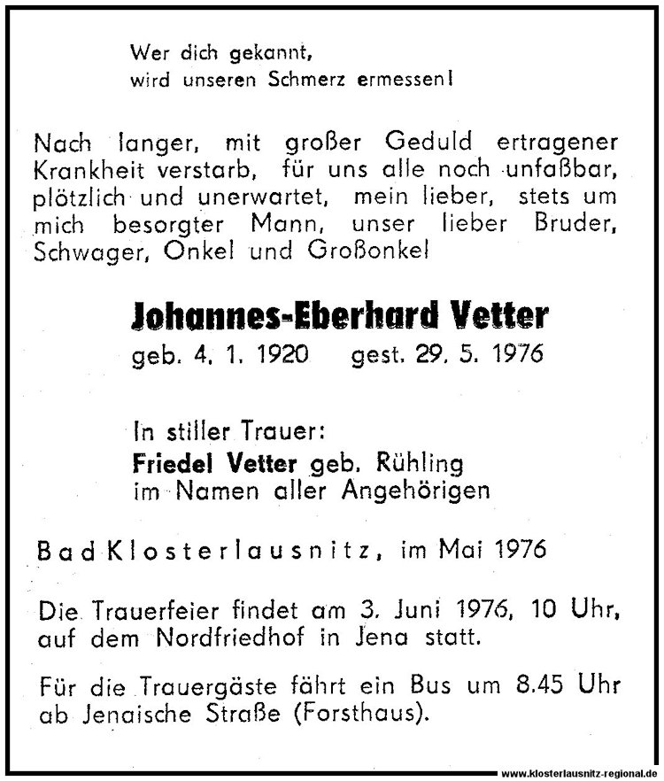 Todesanzeige vom 29.05.1976